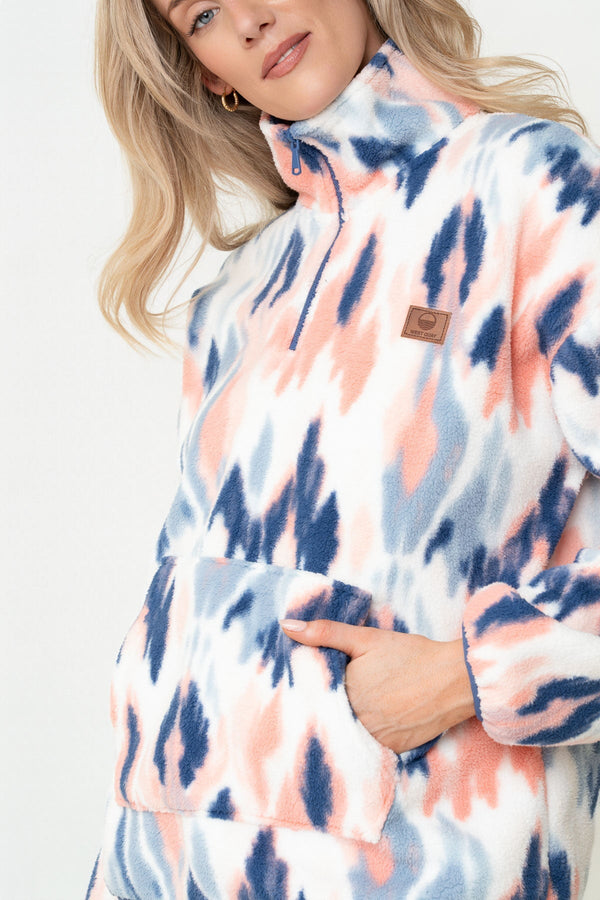 Carraig Donn Blue & Coral Print Bonded Sherpa Half Zip Fleece