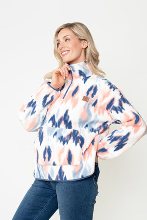 Carraig Donn Blue & Coral Print Bonded Sherpa Half Zip Fleece