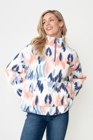 Carraig Donn Blue & Coral Print Bonded Sherpa Half Zip Fleece