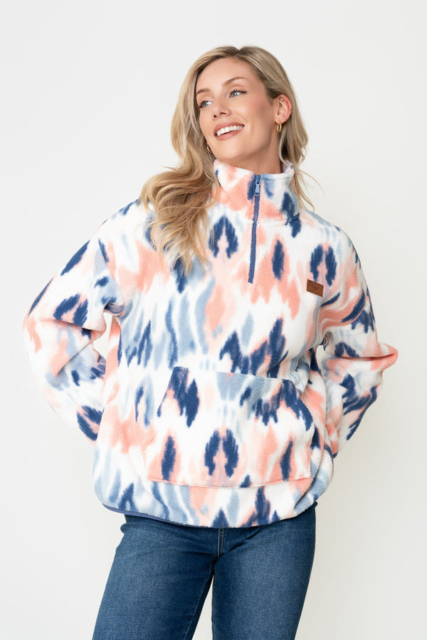 Carraig Donn Blue & Coral Print Bonded Sherpa Half Zip Fleece