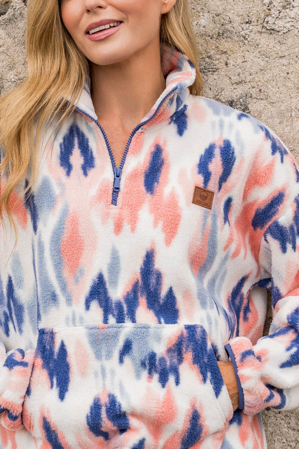 Carraig Donn Blue & Coral Print Bonded Sherpa Half Zip Fleece
