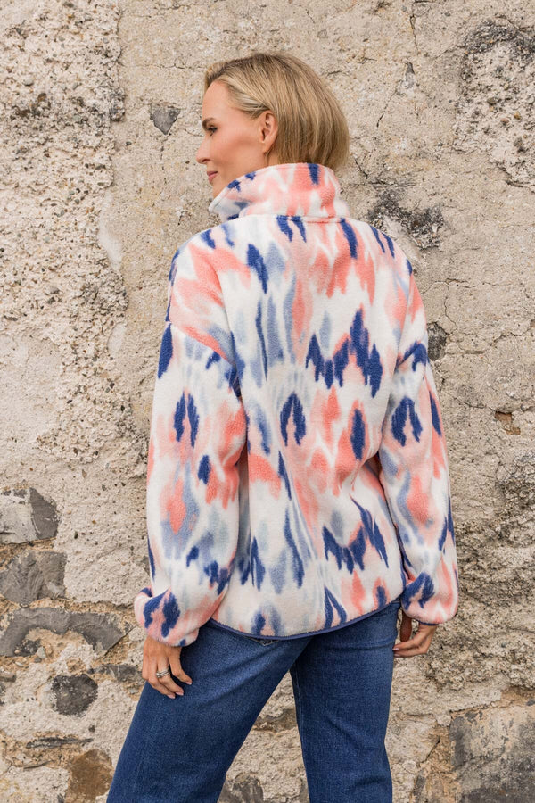 Carraig Donn Blue & Coral Print Bonded Sherpa Half Zip Fleece