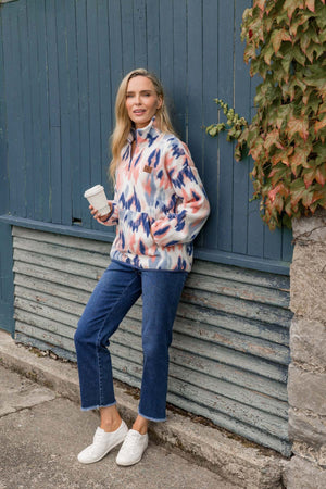 Carraig Donn Blue & Coral Print Bonded Sherpa Half Zip Fleece