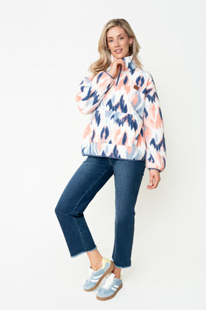 Carraig Donn Blue & Coral Print Bonded Sherpa Half Zip Fleece