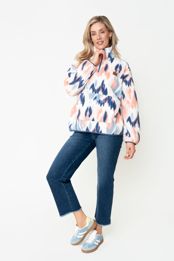Carraig Donn Blue & Coral Print Bonded Sherpa Half Zip Fleece