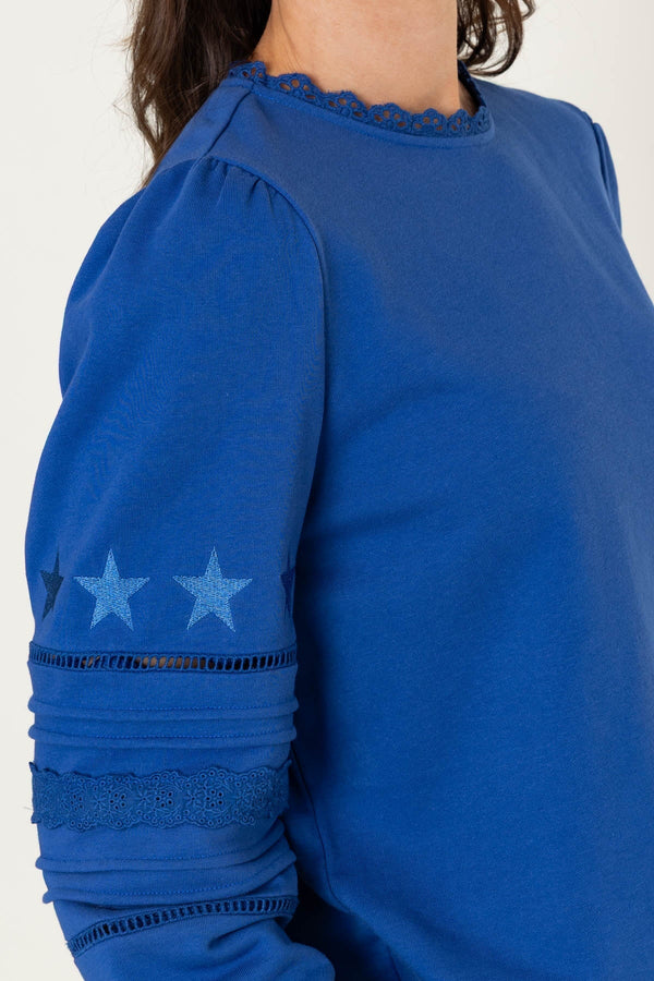 Carraig Donn Blue Cotton Blend Broderie Anglaise Sweatshirt