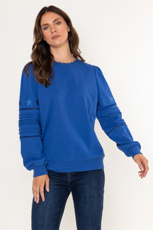 Carraig Donn Blue Cotton Blend Broderie Anglaise Sweatshirt
