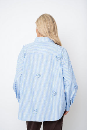 Carraig Donn Blue Cotton Flower Detail Stripe Oversized Long Sleeve Shirt