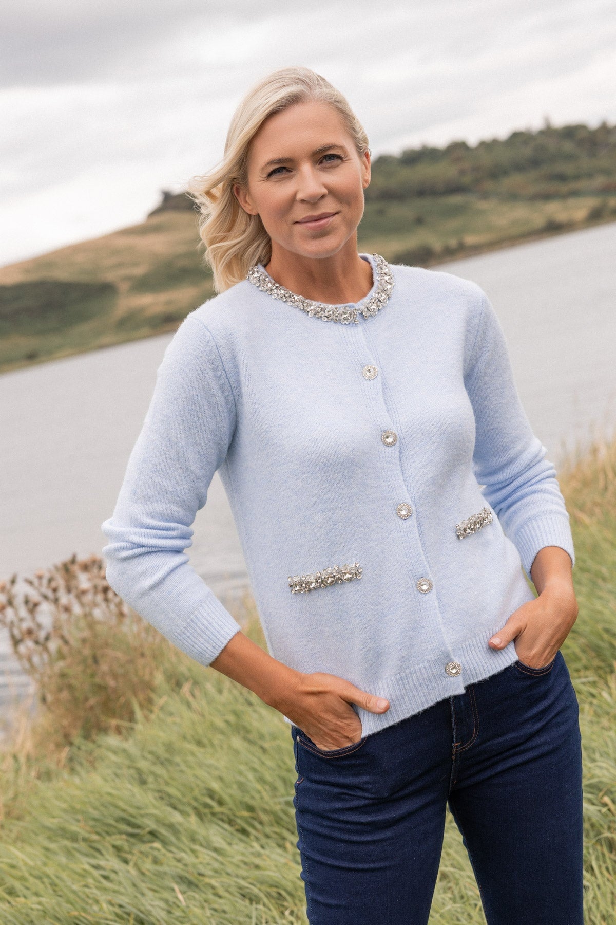Blue Embellished Detail Button Long Sleeve Cardigan