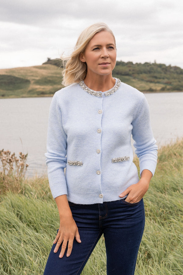 Carraig Donn Blue Embellished Detail Button Long Sleeve Cardigan