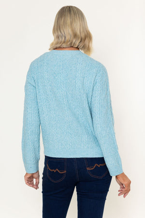 Carraig Donn Blue Embroidered Cable Knit Long Sleeve Sweater