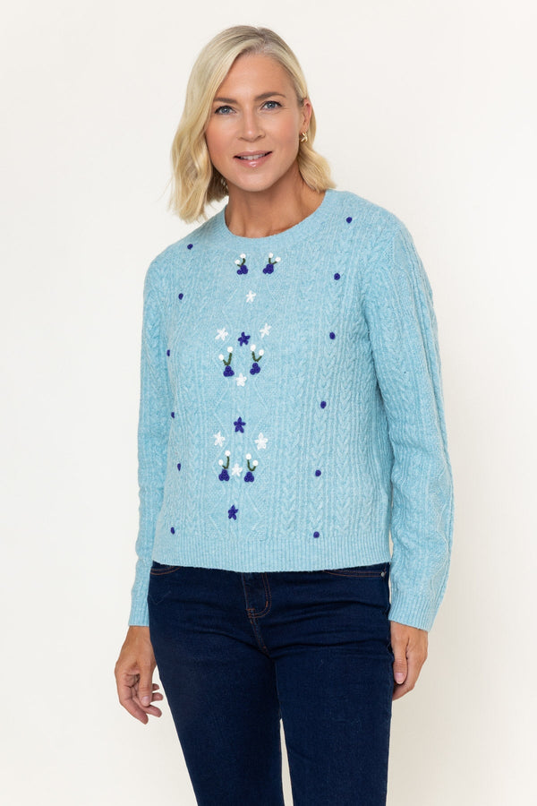 Carraig Donn Blue Embroidered Cable Knit Long Sleeve Sweater