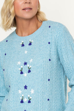 Carraig Donn Blue Embroidered Cable Knit Long Sleeve Sweater