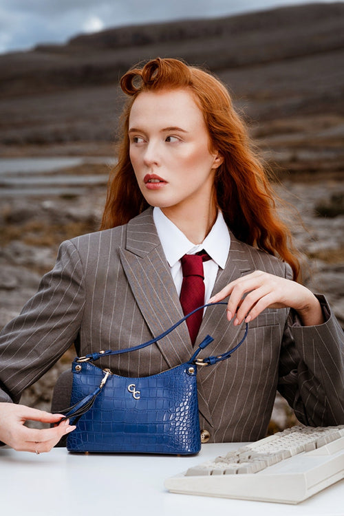 Carraig Donn Blue Faux Leather Croc Embossed Mini Shoulder Bag