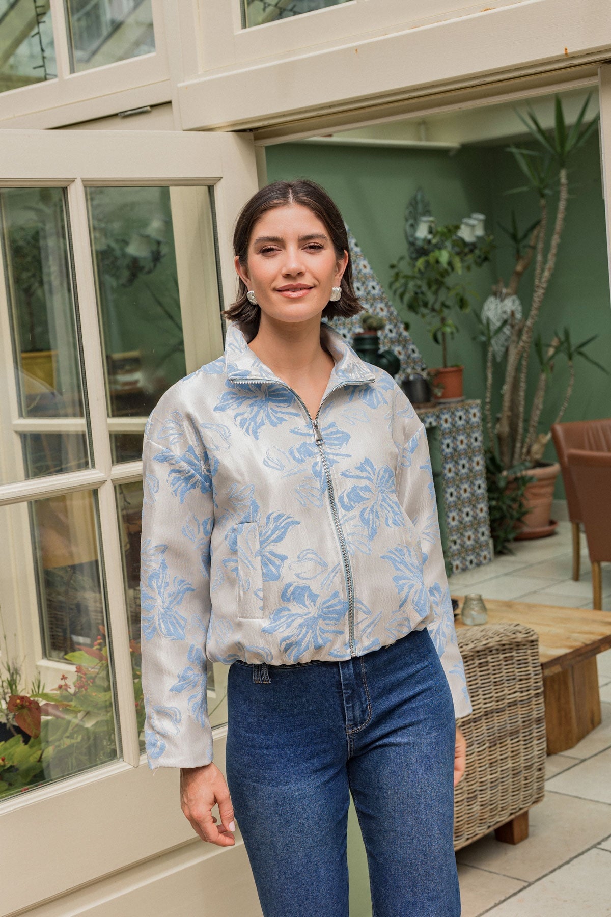 Blue Floral Brocade Zip Up Bomber Jacket