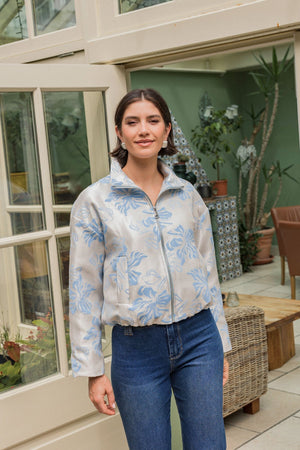 Carraig Donn Blue Floral Brocade Zip Up Jacket