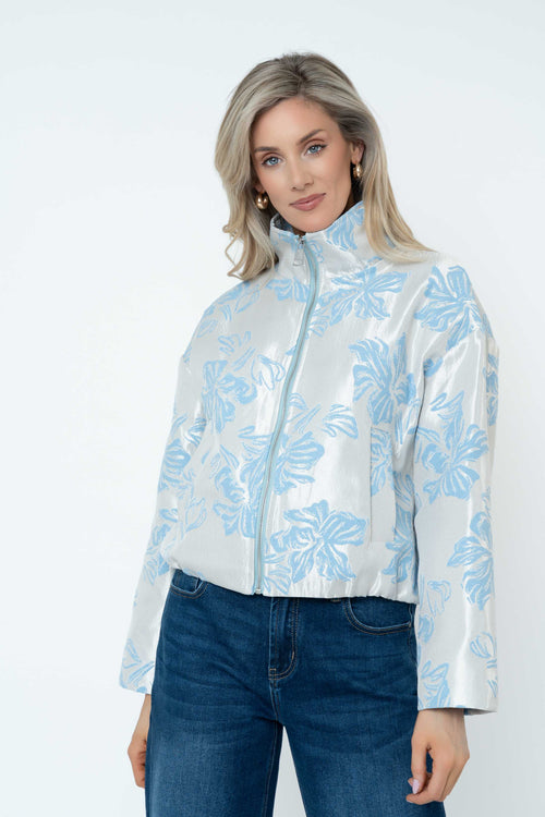 Blue Floral Brocade Zip Up Jacket