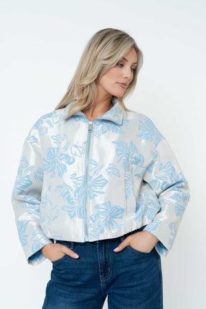 Carraig Donn Blue Floral Brocade Zip Up Jacket