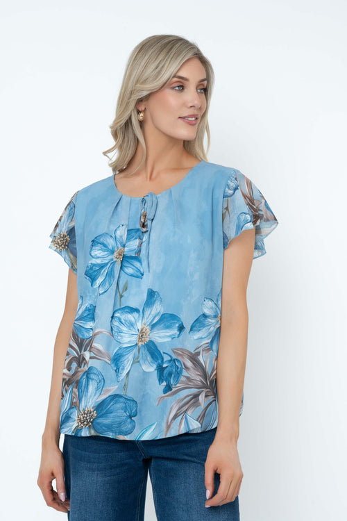 Blue Floral Print Short Sleeve Blouse With Tie Neck