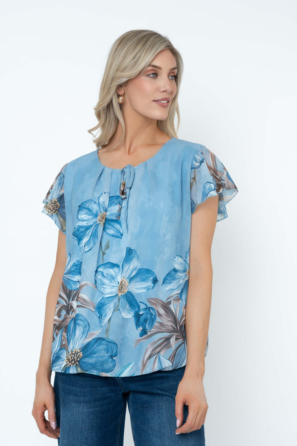 Carraig Donn Blue Floral Print Short Sleeve Blouse With Tie Neck