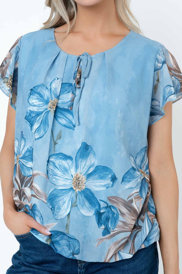 Carraig Donn Blue Floral Print Short Sleeve Blouse With Tie Neck