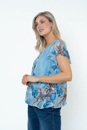 Carraig Donn Blue Floral Print Short Sleeve Blouse With Tie Neck