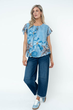 Carraig Donn Blue Floral Print Short Sleeve Blouse With Tie Neck