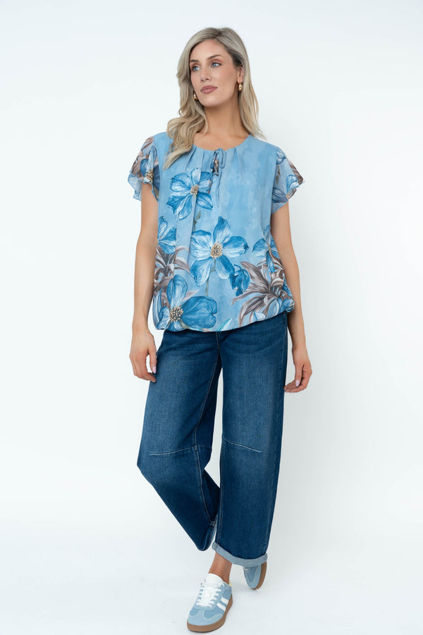 Carraig Donn Blue Floral Print Short Sleeve Blouse With Tie Neck