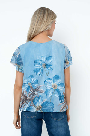 Carraig Donn Blue Floral Print Short Sleeve Blouse With Tie Neck