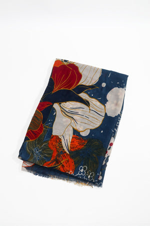 Carraig Donn Blue Floral Print Viscose Cotton Blend Scarf