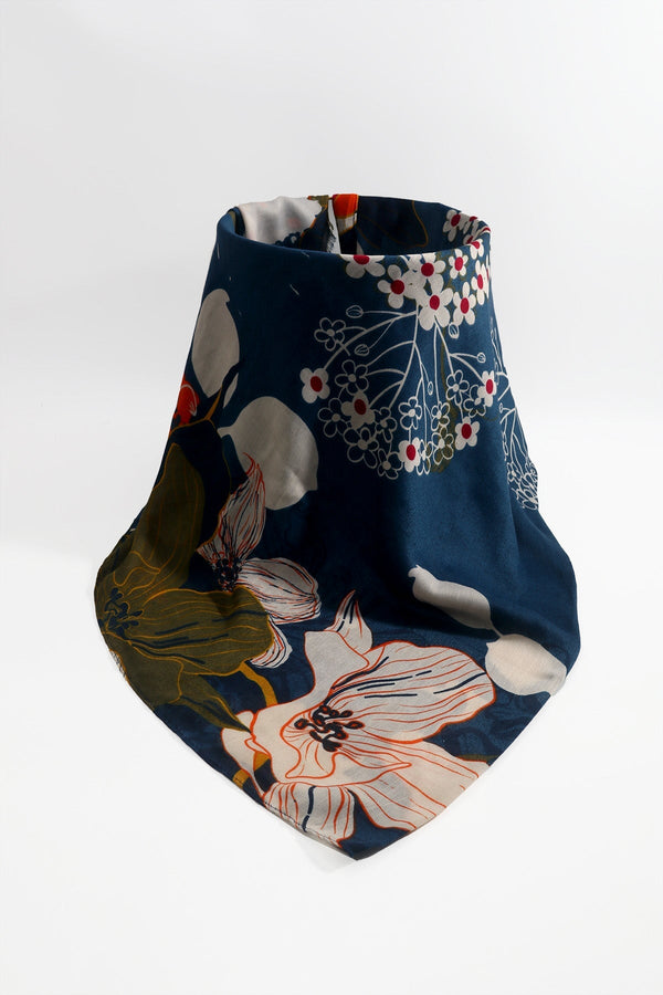 Carraig Donn Blue Floral Print Viscose Cotton Blend Scarf
