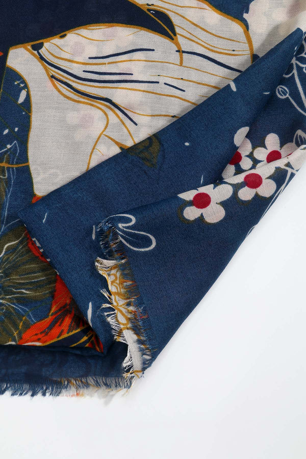 Carraig Donn Blue Floral Print Viscose Cotton Blend Scarf
