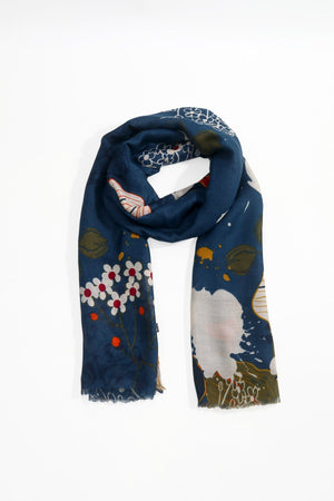 Carraig Donn Blue Floral Print Viscose Cotton Blend Scarf