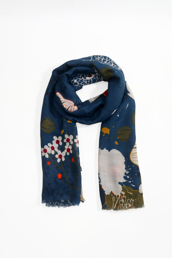 Carraig Donn Blue Floral Print Viscose Cotton Blend Scarf