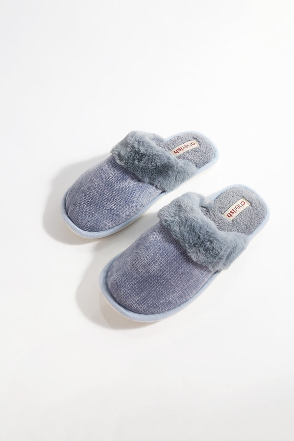 Carraig Donn Blue Fur Trim & Velour Mule Slippers