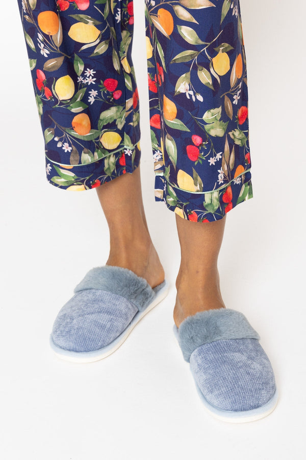 Carraig Donn Blue Fur Trim & Velour Mule Slippers