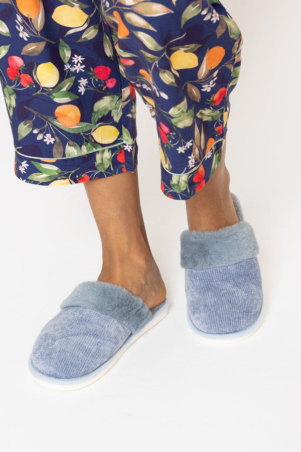 Carraig Donn Blue Fur Trim & Velour Mule Slippers