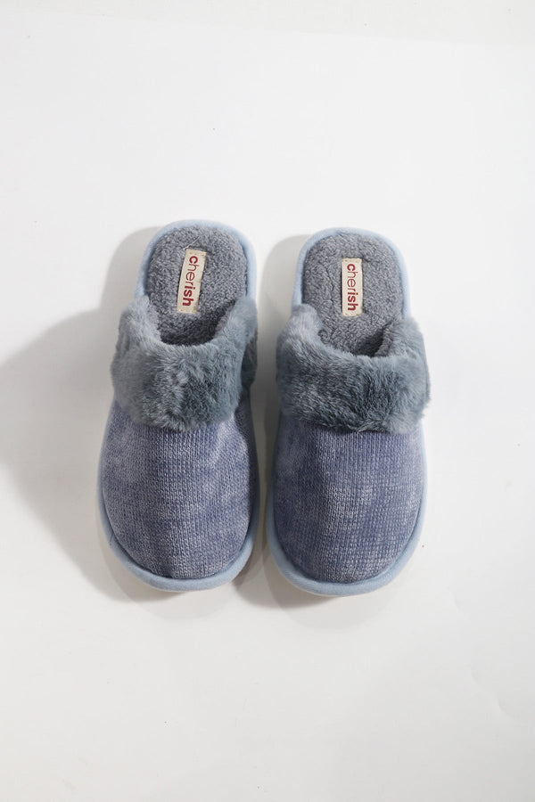 Carraig Donn Blue Fur Trim & Velour Mule Slippers