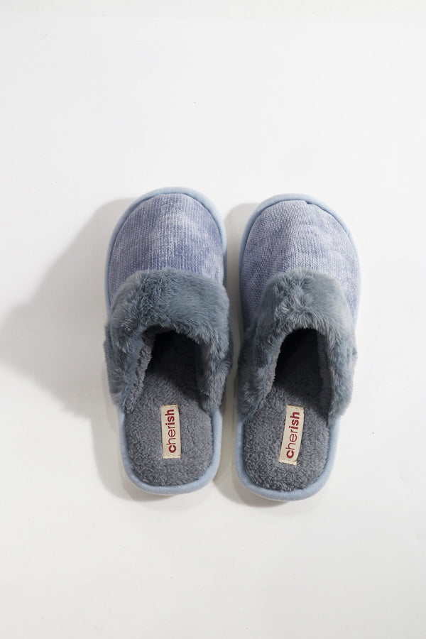Carraig Donn Blue Fur Trim & Velour Mule Slippers