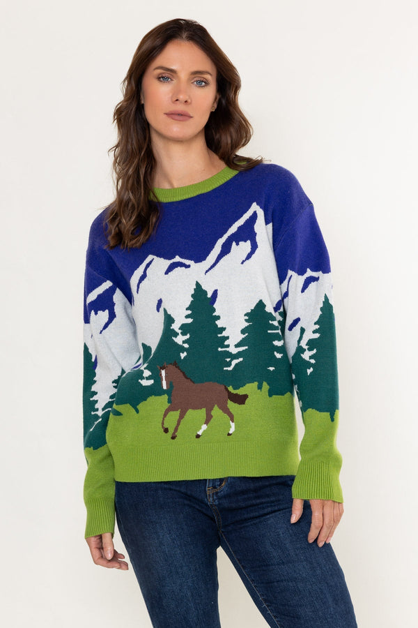 Carraig Donn Blue & Green Viscose Blend Equestrian Landscape Knit Jumper