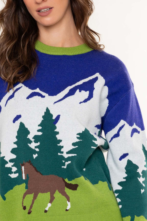 Carraig Donn Blue & Green Viscose Blend Equestrian Landscape Knit Jumper