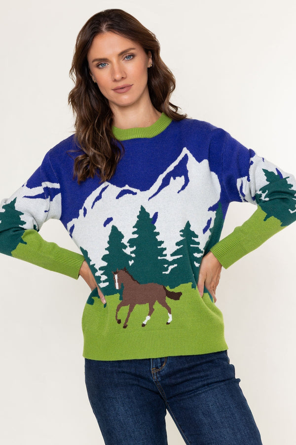 Carraig Donn Blue & Green Viscose Blend Equestrian Landscape Knit Jumper