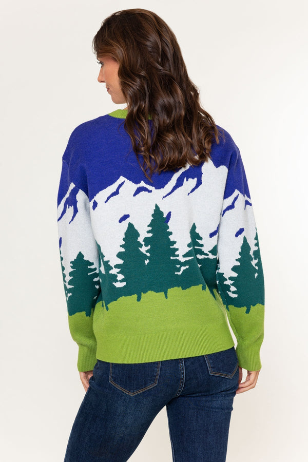 Carraig Donn Blue & Green Viscose Blend Equestrian Landscape Knit Jumper