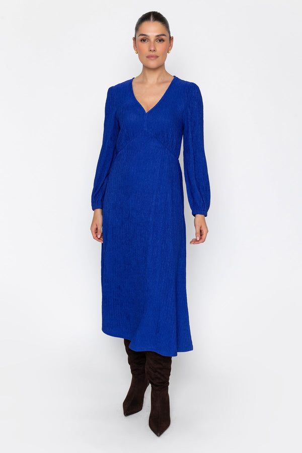 Carraig Donn Blue Jacquard Jersey Empire Waist Long Sleeve Midi Dress