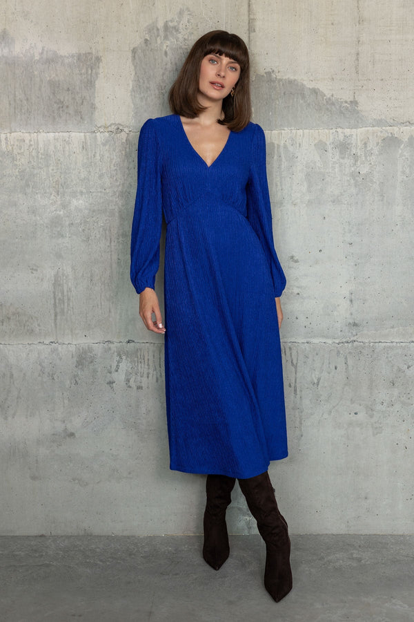 Carraig Donn Blue Jacquard Jersey Empire Waist Long Sleeve Midi Dress
