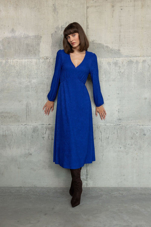 Blue Jacquard Jersey Empire Waist Long Sleeve Midi Dress