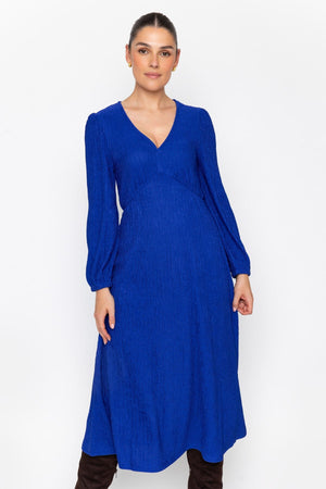 Carraig Donn Blue Jacquard Jersey Empire Waist Long Sleeve Midi Dress