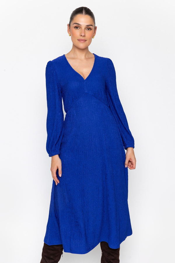 Carraig Donn Blue Jacquard Jersey Empire Waist Long Sleeve Midi Dress
