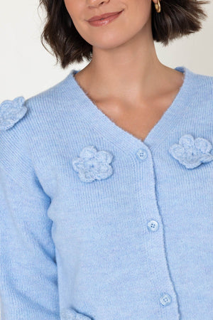 Carraig Donn Blue Knitted Floral Applique V-Neck Long Sleeve Cardigan