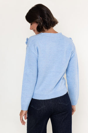 Carraig Donn Blue Knitted Floral Applique V-Neck Long Sleeve Cardigan